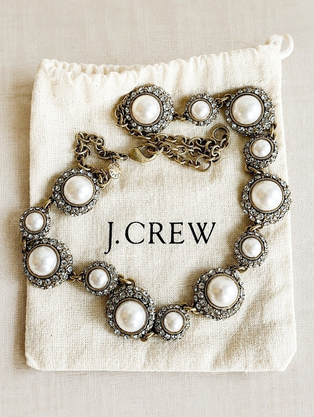J. Crew Signed Oxidized Brass Faux Pearl Rhinestone Lifesaver Clasp Necklace EUC